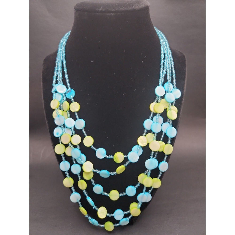 VTG 80s Boho Coastal Shell Disc Statement Bib Necklace Blue Green Multi Strand